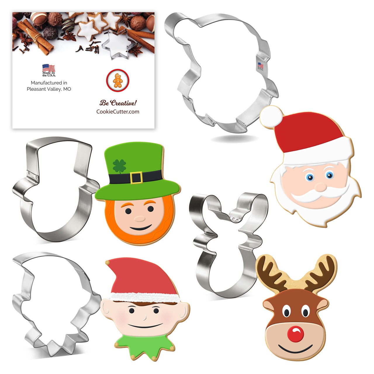 CookieCutter.com 4 Piece Christmas Cookie Cutter Set Elf Face, Reindeer Face, Snowman Face, Santa Face, Metal Shapes Made in USA, Silver
